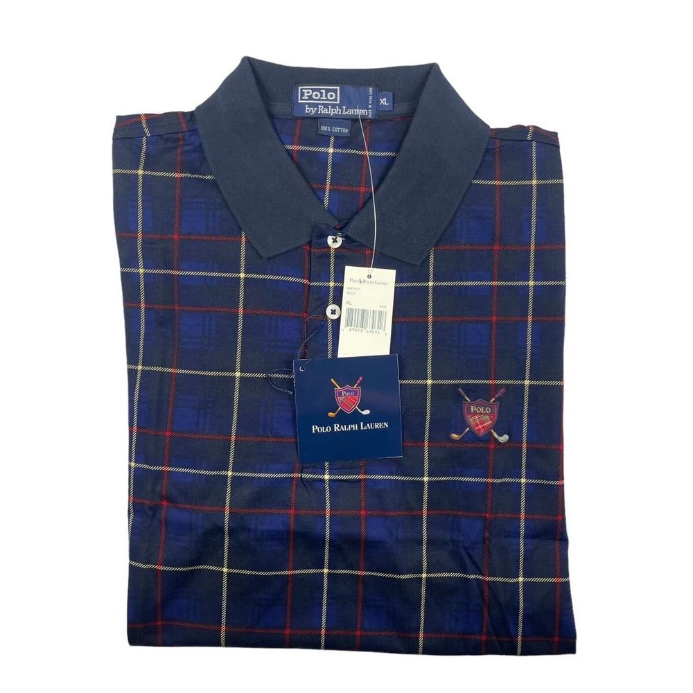 Polo Ralph Lauren Blue VTG NOS Multicolor Check Crest L/S Cotton Polo XL NWT